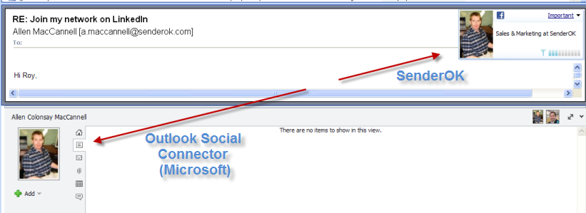 Comparison of SenderOK against Microsoft Outlook Social Connector